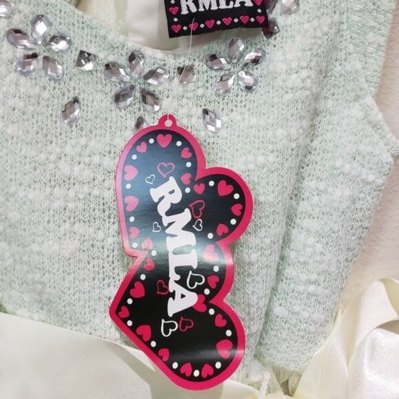 RMLA Girls Holiday Dress with sweater knit upper and jewels, mint green, size 3T - Picture 5 of 7